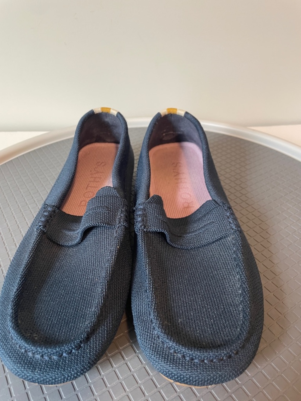 Rothy's Navy Canvas Slip-On Moccasins with Yellow Heel Tab